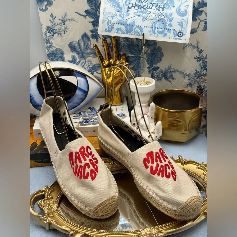 🆕 MARC JACOBS 🧿 NWOB The Marc Heart Espadrille Flat, Red & Cream - Sz 39 US 9